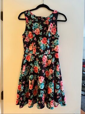 LARA Black Floral Mini Dress with Pink & Teal Roses
